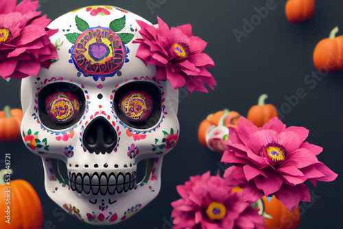 Foto Hispanic heritage sugar skull marigold  Festive dia de los muertos background 3d