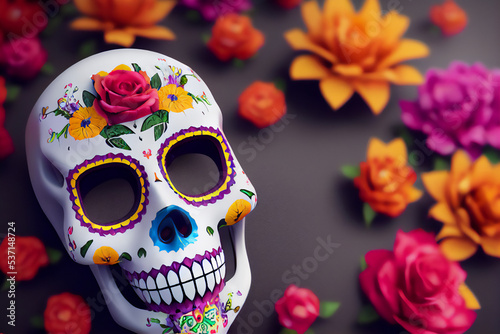 Hispanic heritage sugar skull marigold  Festive dia de los muertos background 3d render digital illustration 