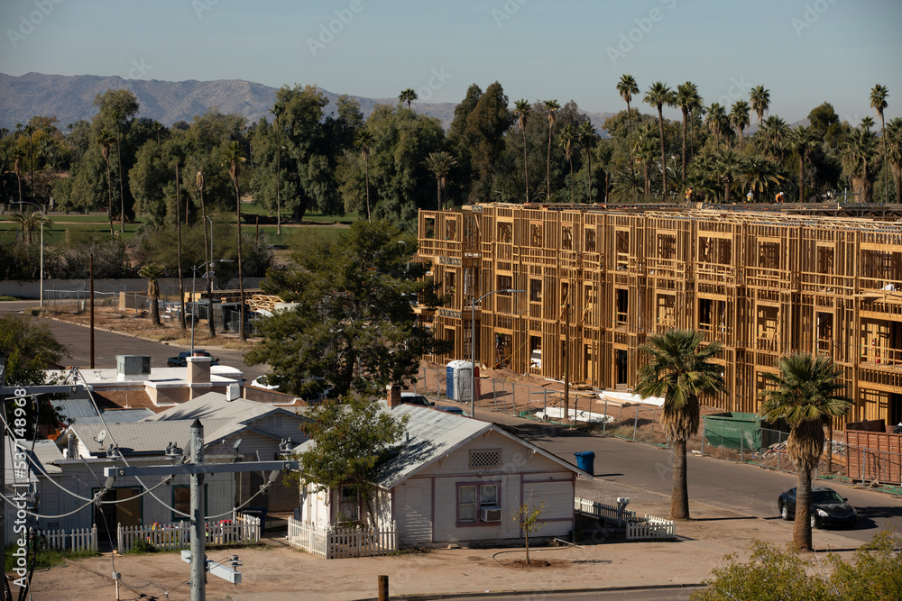 Afternoon view of construction activity and historic structures in downtown Chandler, Arizona, USA. Afternoon view of construction activity and historic structures in downtown Chandler, Arizona, USA.