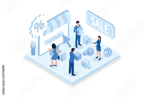 Character Standing near Shopping Discount Voucher. Reward Gifts and Money. Cashback and Customer Loyalty Program Concept, isometric vector modern illustration © Alwie99d