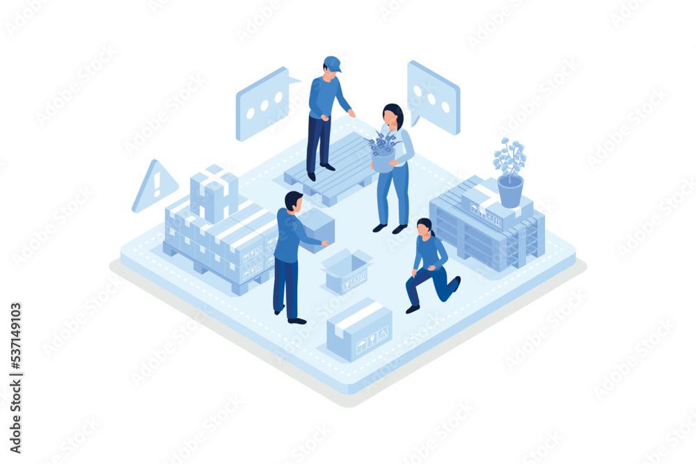 Ready for Transportation Carton Boxes Stack standing on Floor. Different Personal Stuff packed in Boxes. House Moving and Relocation Services Concept, isometric vector modern illustration