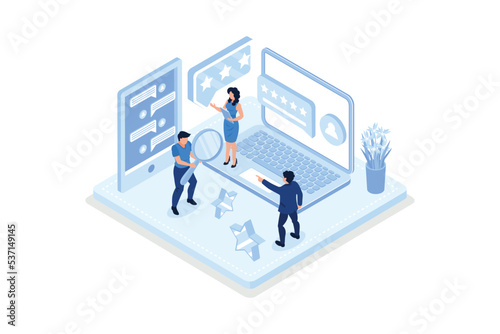 People Characters Giving Five Star Feedback. Clients Choosing Satisfaction Rating and Leaving Positive Review. Customer Service and User Experience Concept, isometric vector modern illustration