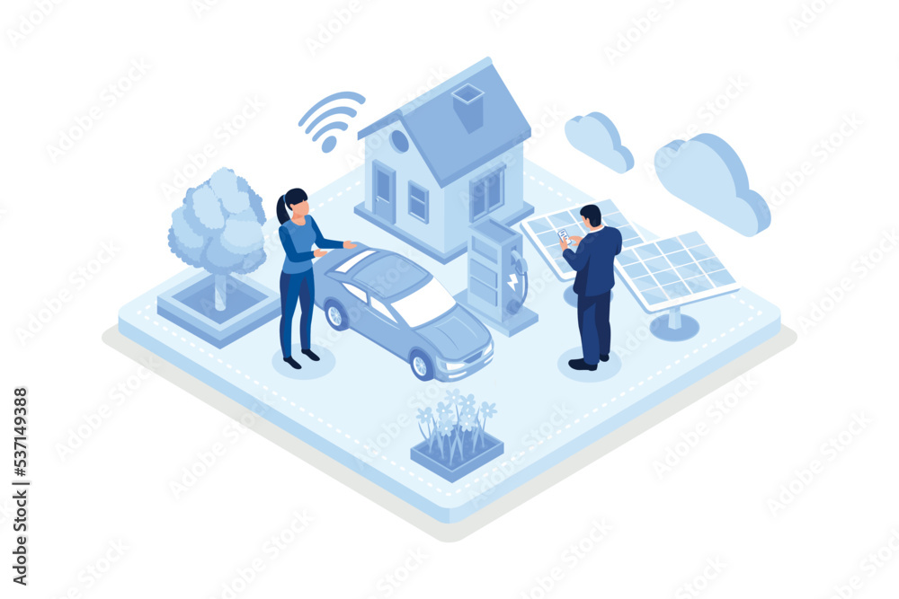 Smart house with solar panel and electric car. Can use for web banner, infographics, hero images, isometric vector modern illustration Smart house with solar panel and electric car. Can use for web banner, infographics, hero images, isometric vector modern illustration