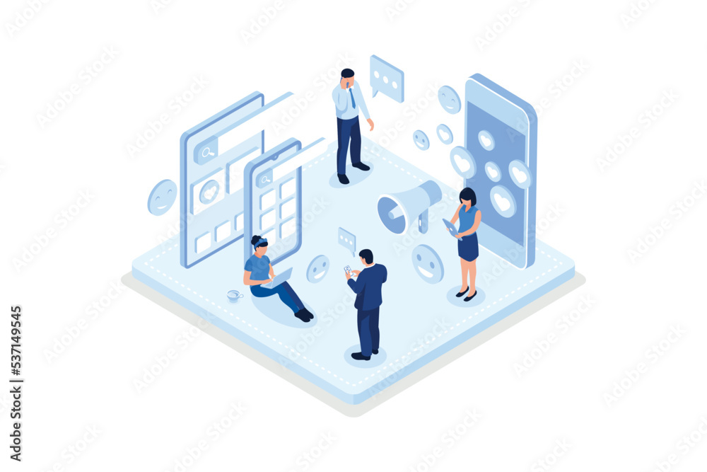 Social media referral program concept with characters, isometric vector modern illustration