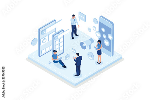 Social media referral program concept with characters, isometric vector modern illustration