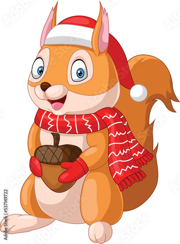 Cute squirrel cartoon wearing scarf and hat holding a nut