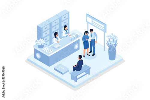 Doctor pharmacist and patient in drugstore. Can use for web banner, infographics, hero images, isometric vector modern illustration