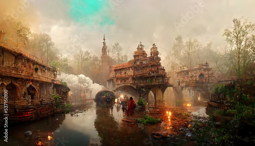 AI generated or 3D illustrated image depicting Ancient Kashmir, India  photo