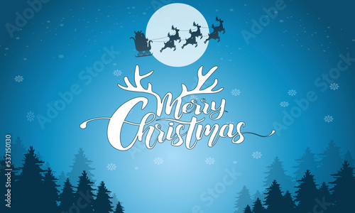Merry Christmas background with winter landscape with snowflakes, moon and star. A Santa is riding a sledge pulled by reindeer.