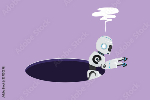 Cartoon flat style drawing robot trying to get out of from the hole, metaphor to facing big problem. Robotic artificial intelligence. Electronic technology industry. Graphic design vector illustration