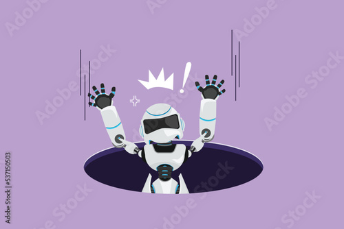 Character flat drawing robot fell into manhole underground sewer. Depressed with tech business failure. Humanoid robot cybernetic organism. Future robot development. Cartoon design vector illustration