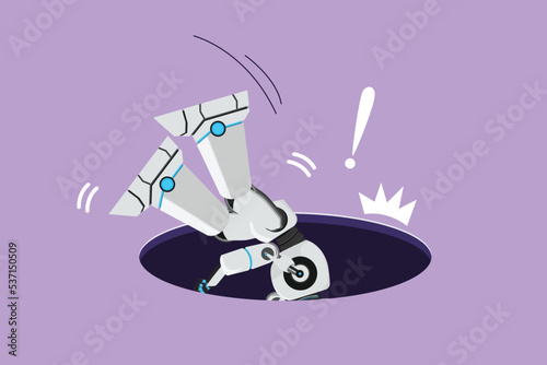 Cartoon flat style drawing robot falling into pit hole. Legs up. Protruding leg from hatch, puddles. Tech business failure metaphor. Robotic artificial intelligence. Graphic design vector illustration