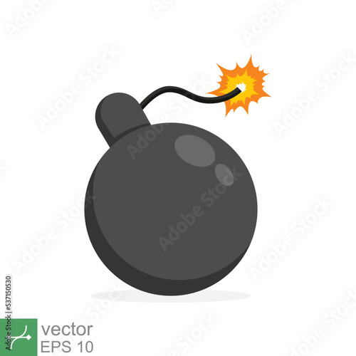 Bomb with burning wick icon. Simple flat style. Fuse, cartoon, silhouette, black, attack, fire, explosion, weapon concept. Vector illustration isolated on white background. EPS 10.