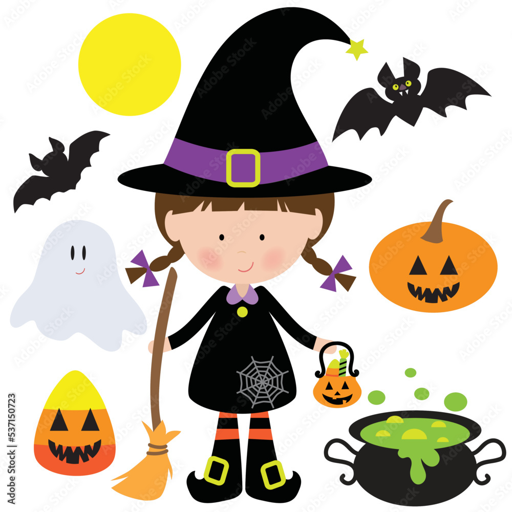 Set of Halloween bundle collection witch pumpkin bat moon candy corn toothy sweet cauldron Set of Halloween bundle collection witch pumpkin bat moon candy corn toothy sweet cauldron