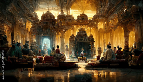 AI generated image depicting the throne room and court of an ancient Indian king, with ministers and courtiers in attendance. Durbar hall. 