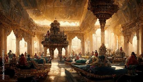 AI generated image depicting the throne room and court of an ancient Indian king, with ministers and courtiers in attendance. Durbar hall. 