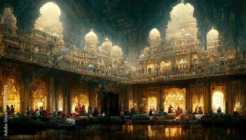 AI generated image depicting the throne room and court of an ancient Indian king, with ministers and courtiers in attendance. Durbar hall. 