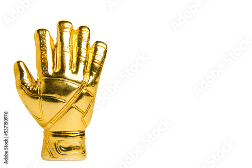 A picture of miniature golden gloves on white background. Award for Best Goalkeeper.