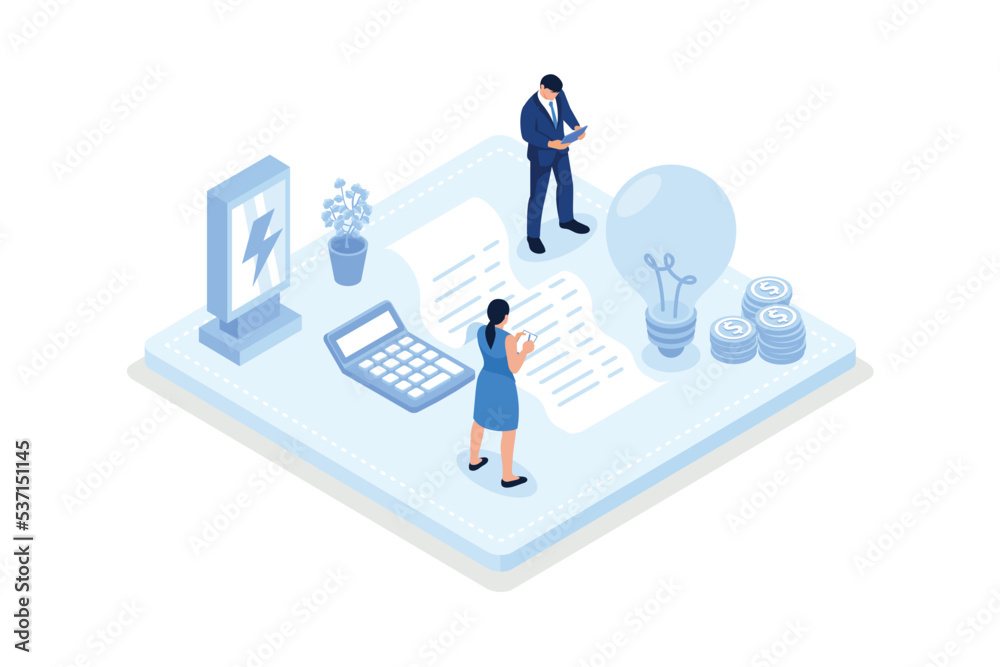 Sustainability illustration set. Characters calculating and paying electricity, utilities and household invoice bills. Home finances management and sustainable housing concept. Sustainability illustration set. Characters calculating and paying electricity, utilities and household invoice bills. Home finances management and sustainable housing concept.