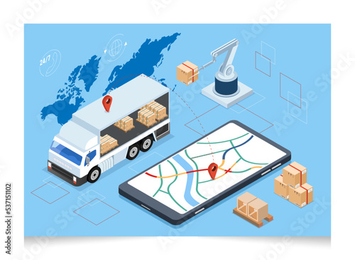 3D isometric concept of Global logistic network and Smart Logistics with Delivery, transport, export, import, cargo and more.