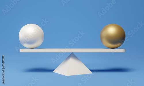 3D gold see saw balance isolated on blue background. The seesaw has a pivot point in the middle of the board. Stability, equal, Scale, justice, compare, copy space, 3D Rendering.
