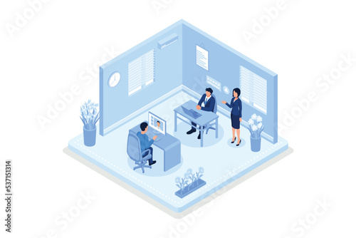 Business people, planning financial strategy and interviewing job candidates, isometric vector modern illustration