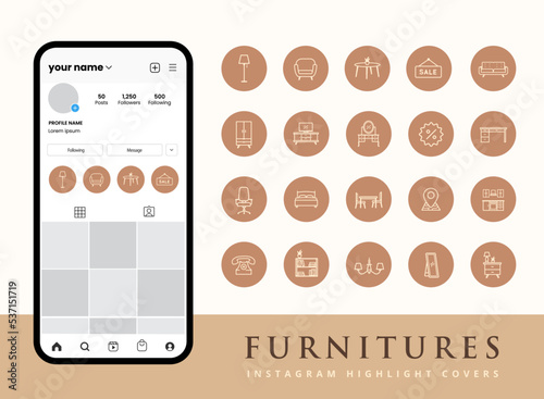 Set of trendy classic home furniture interior icons for instagram story highlight covers