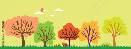 autumn trees, set of vector illustrations of cute trees and shrubs: oak, birch, aspen, linden, fir, sun and dog