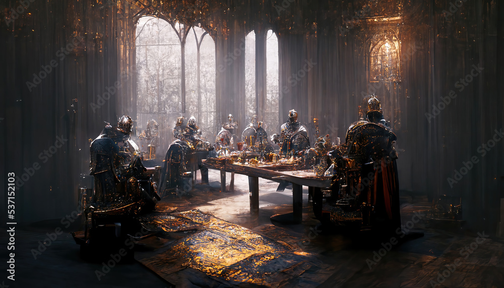 AI generated image of medieval knights sitting around a round table. King  Arthur and the knights of the round table Illustration Stock | Adobe Stock