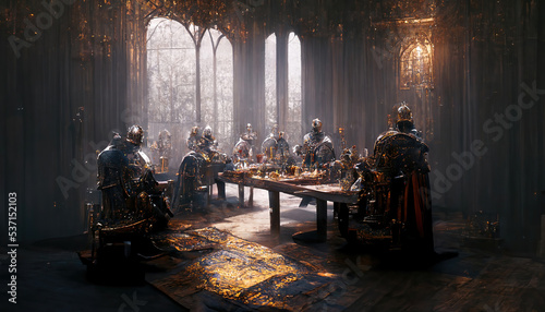 AI generated image of medieval knights sitting around a round table. King Arthur and the knights of the round table