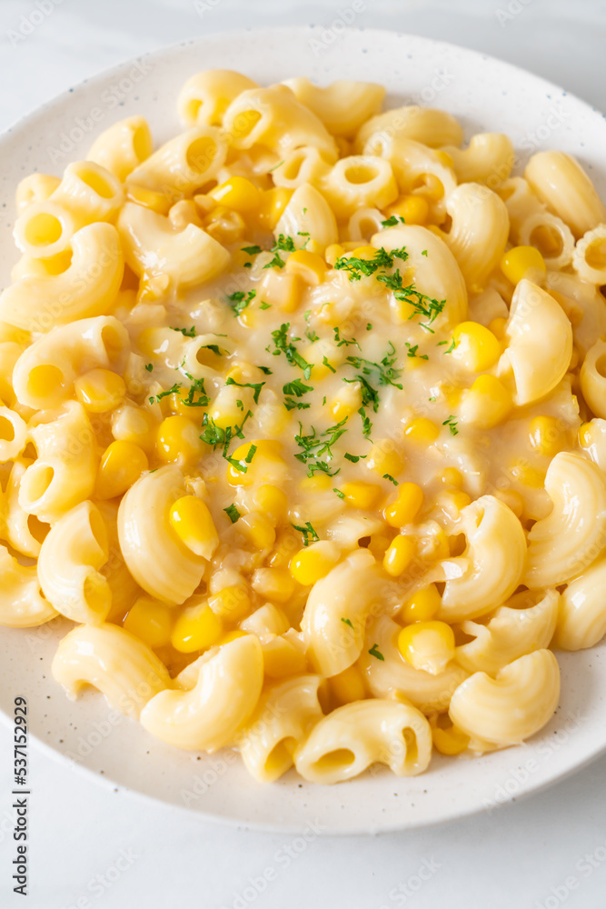 macaroni creamy corn cheese on plate macaroni creamy corn cheese on plate