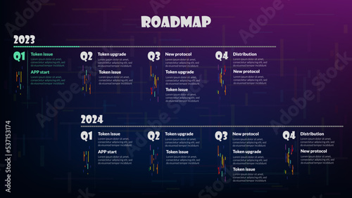 Roadmap with quarterly sections on dark purple background. Infographic timeline template for business presentation. Vector.