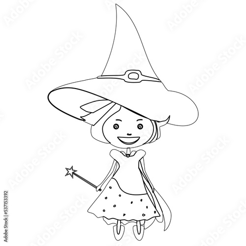 Black outline sorceress in dress and witches hat and magic wand in hand isolated on white background. Design element.