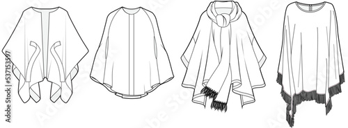 womens cape ponchos fashion flat sketch vector illustration technical drawing template