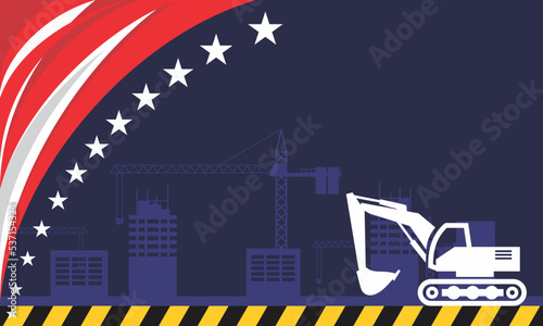 Health and safety day background with silhouette of excavator and building construction project. Suitable to place on content with that theme.