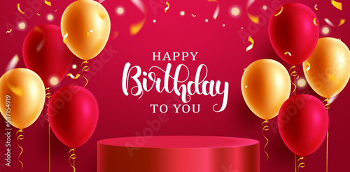 Birthday podium vector background design. Happy birthday to you greeting text with stage and balloons in red elegant decoration for birth day party banner. Vector illustration.
