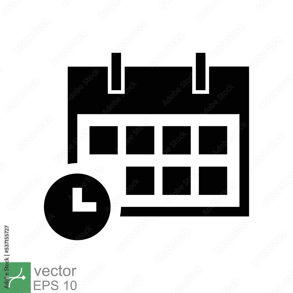 Calendar icon. Simple solid style. Clock, time, day, week, year, meeting appointment, schedule, plan, holiday, business concept. Glyph vector illustration isolated on white background. EPS 10. Calendar icon. Simple solid style. Clock, time, day, week, year, meeting appointment, schedule, plan, holiday, business concept. Glyph vector illustration isolated on white background. EPS 10.