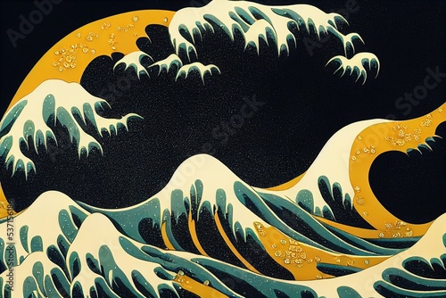 Papier peint Calm The Great Wave of Kanagawa reinterpretation on black and minimalist background, with modern expressionism