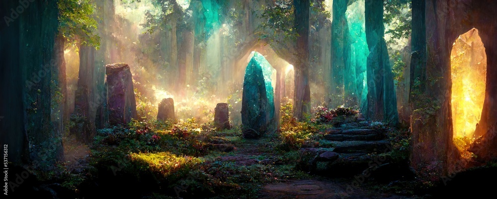Fancy dreamland wonderful forest with magic stone reminiscent of elven legend, with photo realistic cgi 3D rendering. Elf concept, strong color.