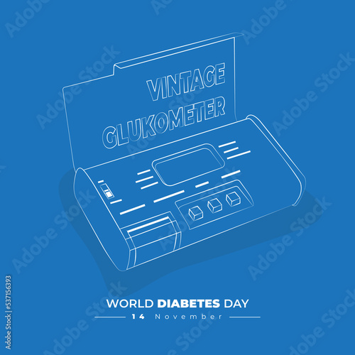 Line art of glucometer design for world diabetes day template in blue background design