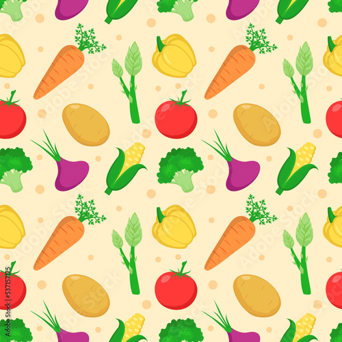 Vegetarian, Fruit and Vegetables Seamless Pattern Design with Fresh, Organic and Natural Food in Hand Drawn Flat Cartoon Background Illustration