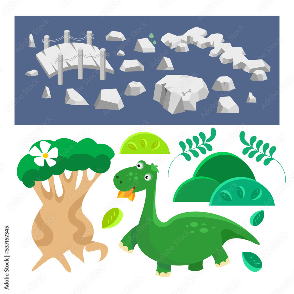 Naklejka premium Set of objects for cards and scenes with dinosaurs. Stones, bridge and plants. Isolated elements for games, posters. Vector illustration.