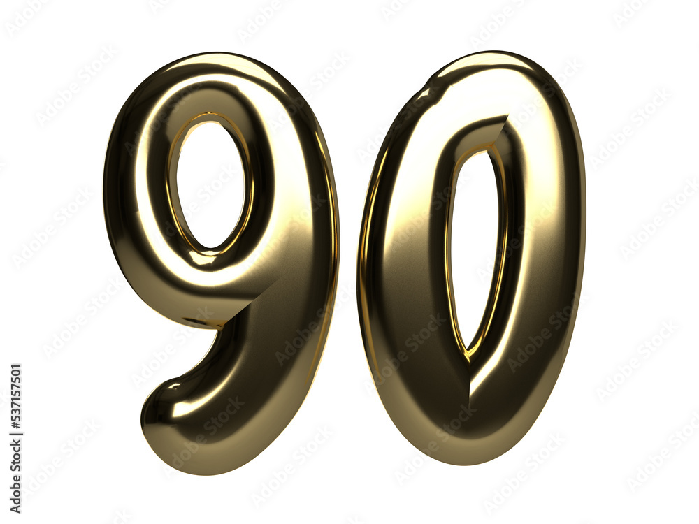 Isolated Golden Balloon, Number 90 or Ninety in Gold Color, Alphabet for Anniversary or 90th Birthday Party, 3D illustration. Isolated Golden Balloon, Number 90 or Ninety in Gold Color, Alphabet for Anniversary or 90th Birthday Party, 3D illustration.