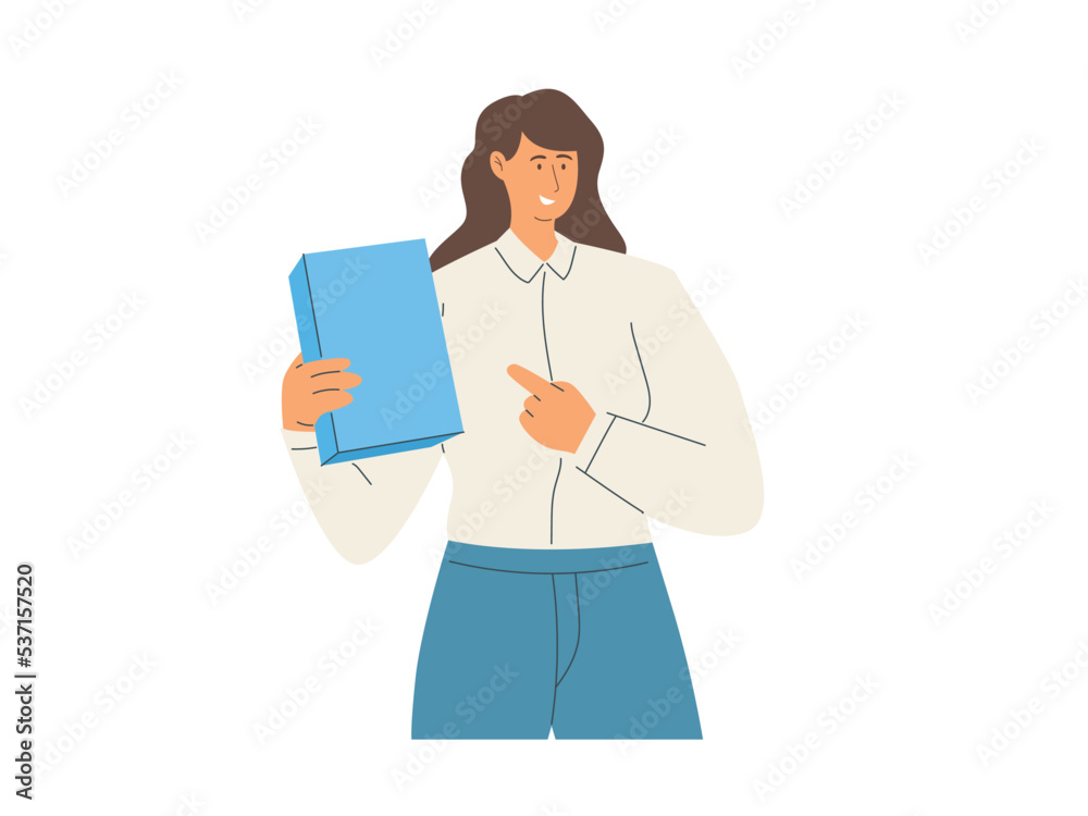 Happy young woman showing blank product with copy space for advertising placement Happy young woman showing blank product with copy space for advertising placement