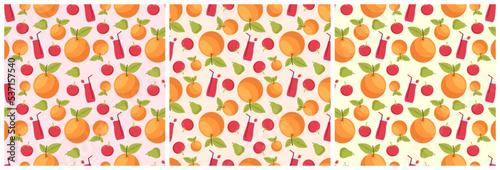 Fototapeta Naklejka Na Ścianę i Meble -  Set of Vegetarian, Fruit or Vegetables Seamless Pattern Design with Fresh, Organic and Natural Food in Hand Drawn Flat Cartoon Background Illustration