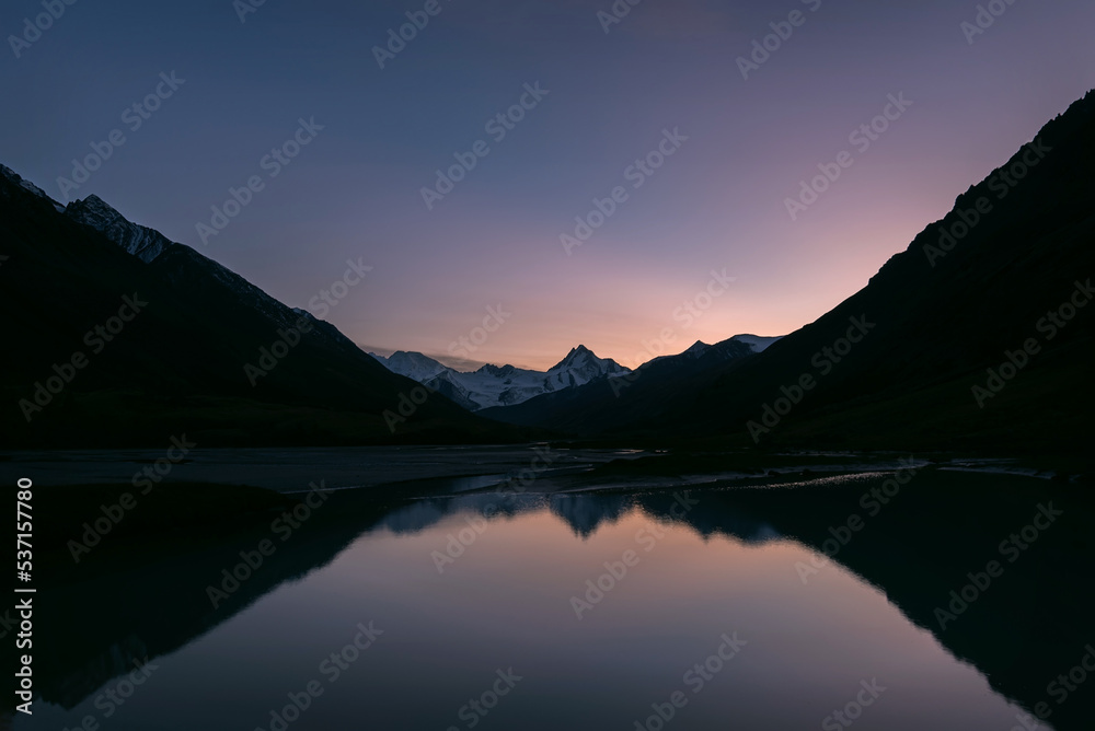 mountains glacier lake reflection sunset autumn