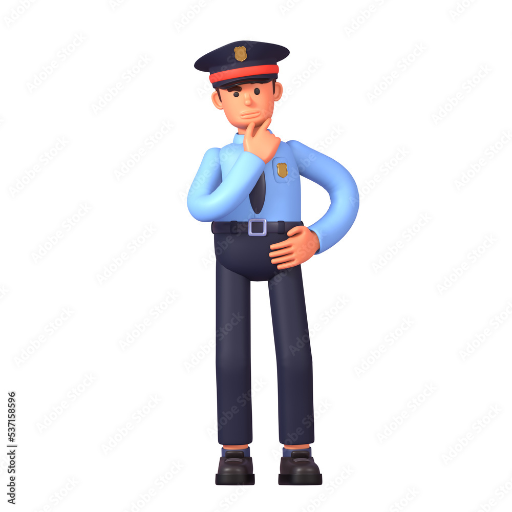 3d render of policeman in blue shirt thinking, making decision