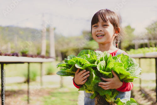 Asian little girl is holding fresh hydroponics vegetable in the farm and she is smiling with happy moment, concept of healthy food, organics, gardening and kid learning activity.