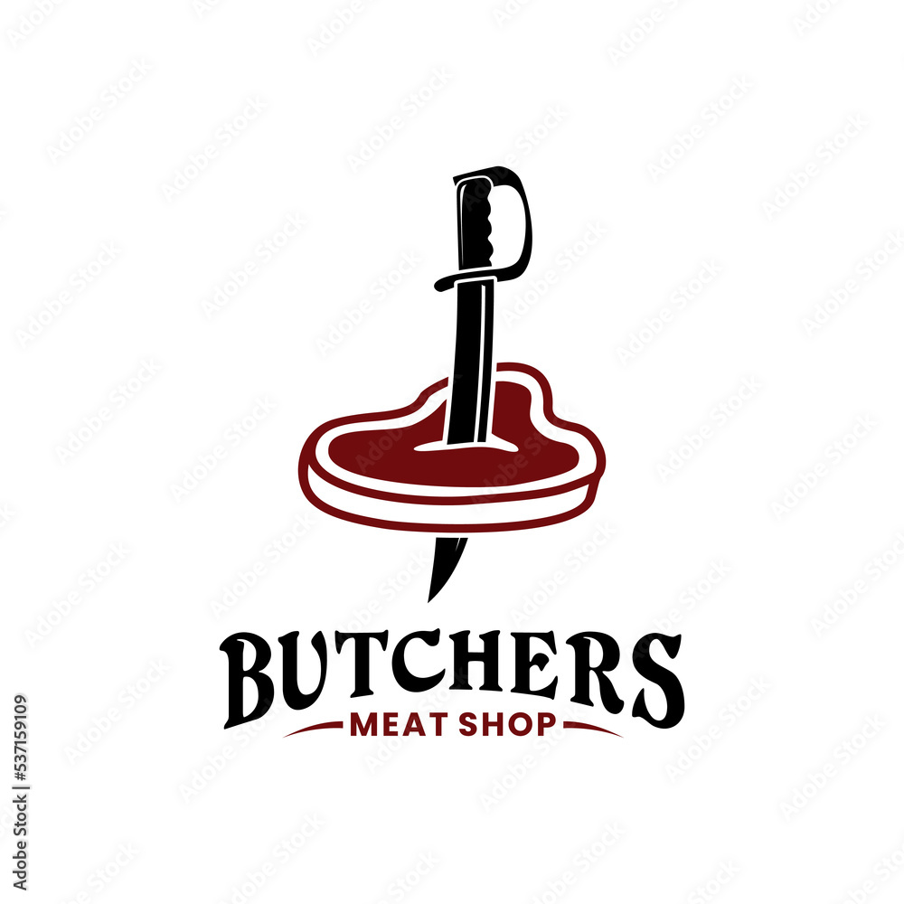 Sword Knife Blade Stab Meat For Slaughterhouse Logo Or Butcher Shop Logo Design Sword Knife Blade Stab Meat For Slaughterhouse Logo Or Butcher Shop Logo Design