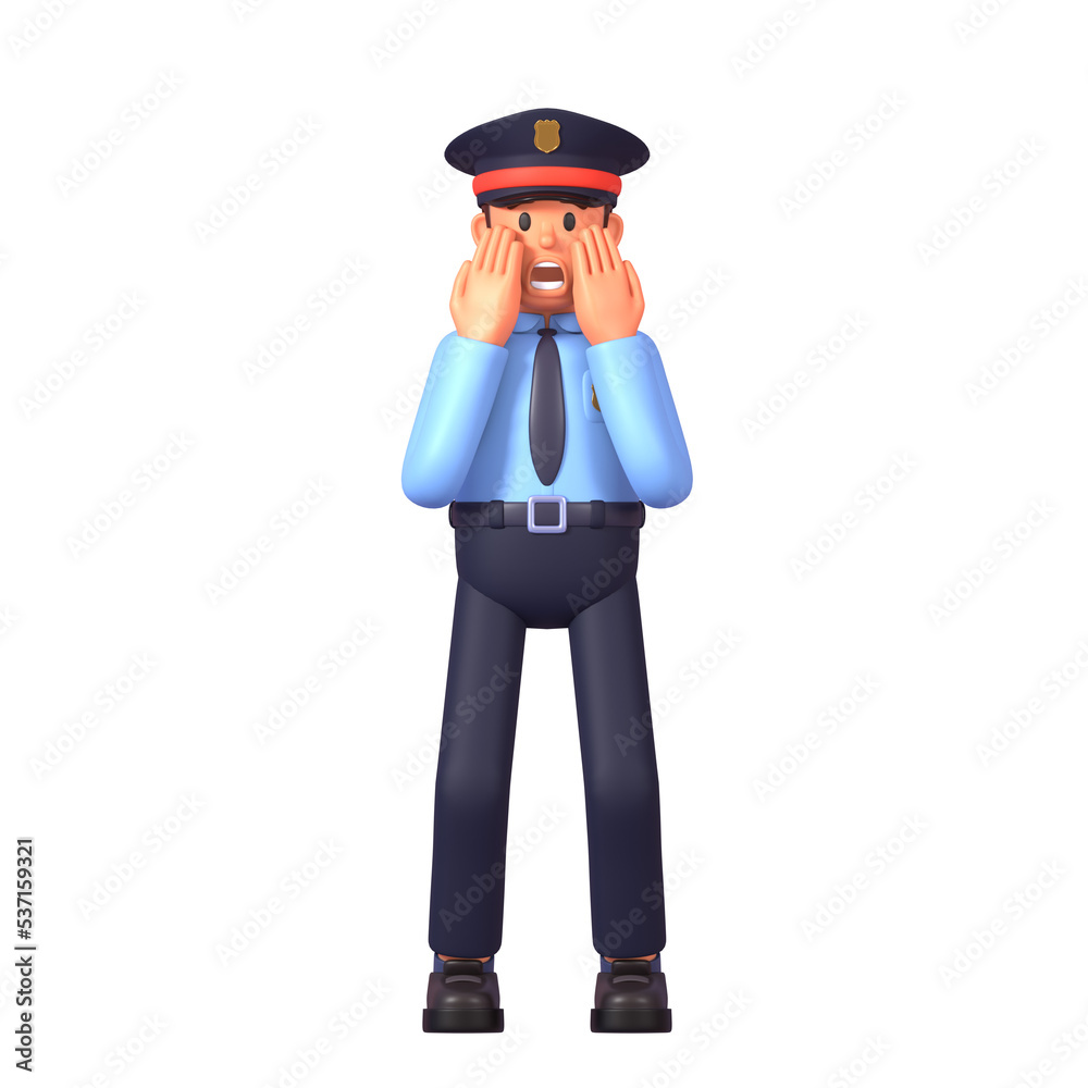 3d render of policeman in blue shirt surprised, shocked 3d render of policeman in blue shirt surprised, shocked